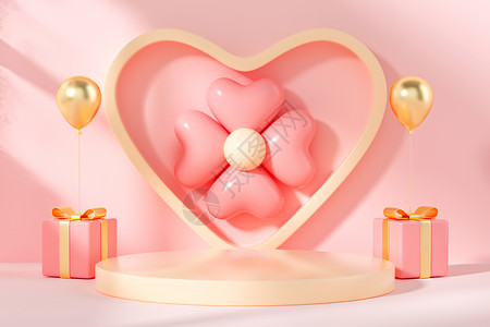 粉色爱心母亲节3D立体粉色温馨电商展台场景设计图片