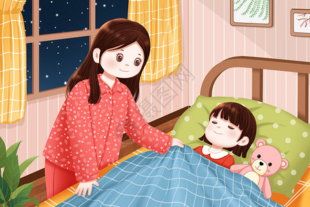 母亲孩子睡觉母亲节夜晚关心孩子的母亲插画