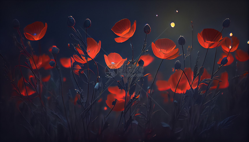 夜晚的红色花卉插画风景图片