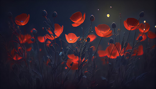夜晚的红色花卉插画风景图片