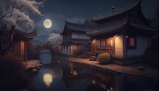 中式江南手绘夜景图片