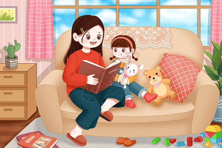 沙发上看书的母女图片