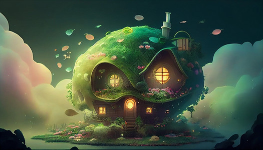 奇幻蘑菇房子风景背景图片