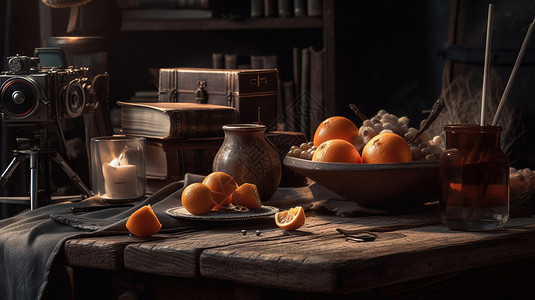 手绘水果橘子厨房桌面上水果背景