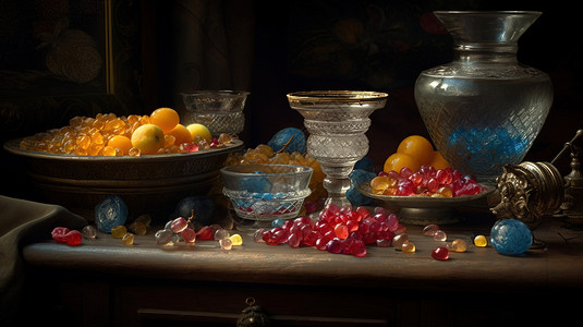 手绘盘子诱人桌面盘子里的水果背景