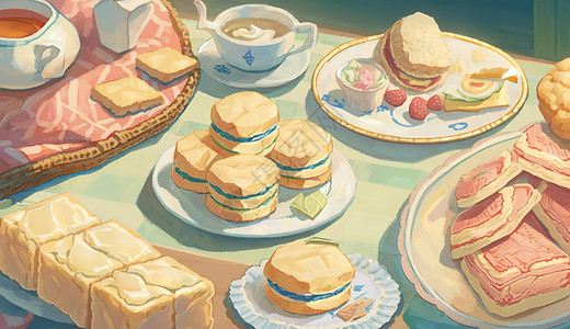 饼茶一桌子美味零食插画