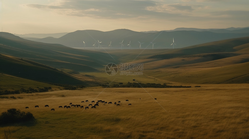 草原上羊群与远处的风力发电图片