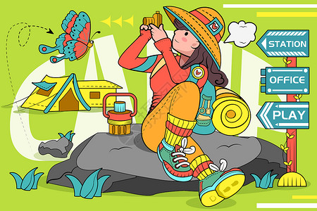 女孩戴着帽子拿着相机坐在石头上野外露营矢量插画图片