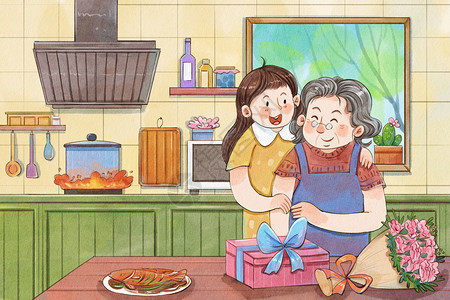 手绘水彩母亲节女儿与妈妈温馨治愈系插画图片