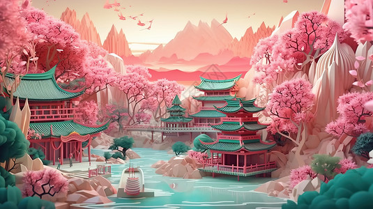 粉色湖边中国古代建筑背景图片