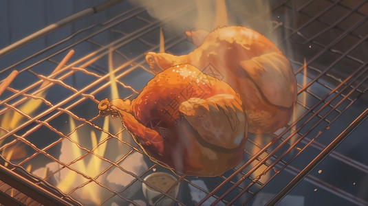 烧烤炉子炉子上的烤鸡插画
