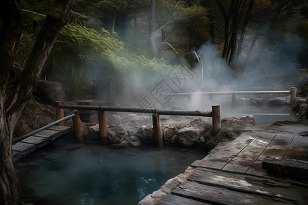 自然温泉温泉上的木桥插画
