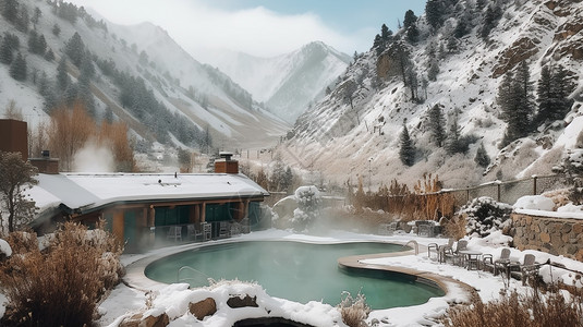 自然温泉雪景中的温泉插画