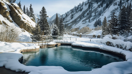 山间雪中的温泉高清图片
