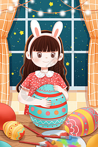 复活节画彩蛋画复活节彩蛋的女孩插画