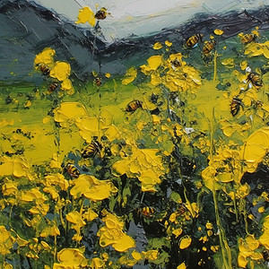 黄花和蜜蜂油画背景图片