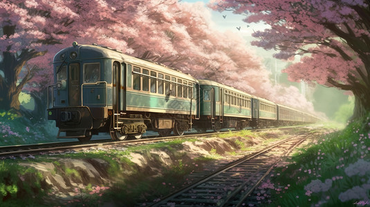 樱花林中的旅行火车背景图片