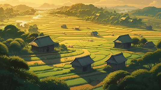 自然远景夏天芒种节气绿色小麦田野村庄远景场景风景插画