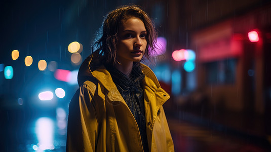 雨夜站在路上的女孩图片