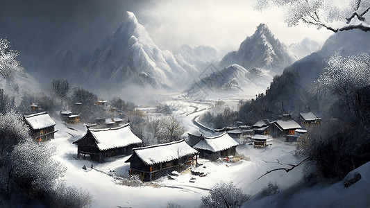 中国村落冬天大雪节气中国乡村俯视村落场景风景插画