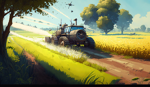 无人机场景高科技乡村农业拖拉机灌溉无人机播种风景场景插画
