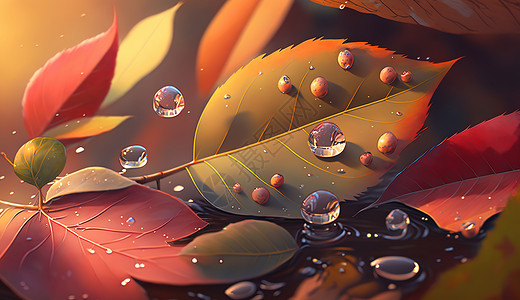 秋天白露节气落叶红色树叶水珠风景场景图片
