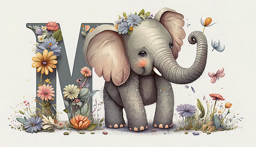 字母小象花朵可爱儿童插画图片