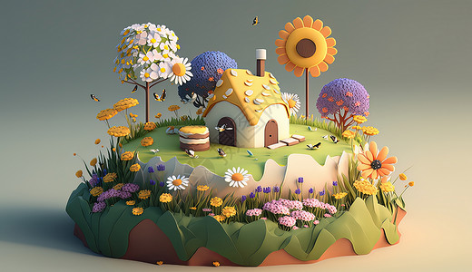 春天蛋糕岛与小房子高清图片