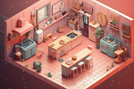 粉色厨房模型图片
