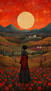 红色夕阳下的女人背景图片