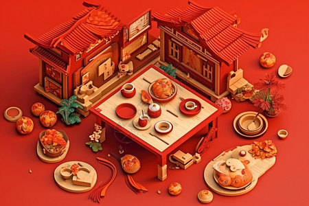 3D中国风美食模型背景图片