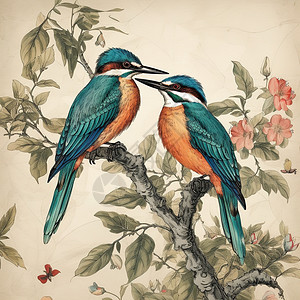 国风树枝上的小鸟背景图片