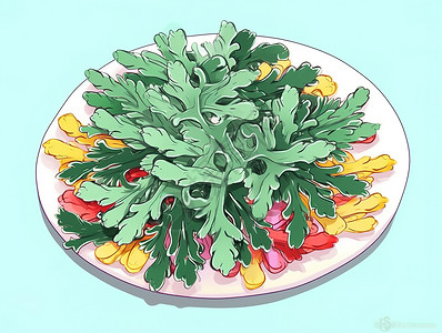 青菜沙拉一盘动漫风格青菜插画