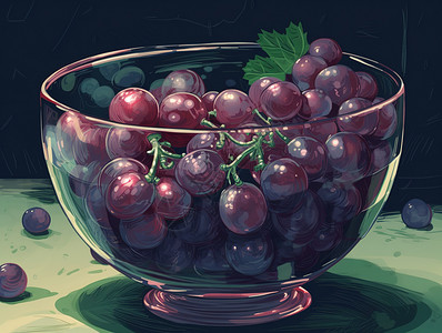 手绘一碗樱桃漫画风葡萄放在玻璃碗里插画