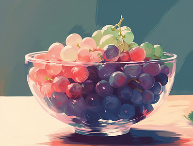 手绘一碗樱桃一提葡萄放在玻璃碗里插画