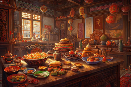 手绘中国祭祀上美食图片