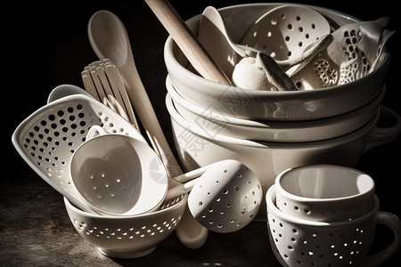 纯白陶瓷厨具和模型高清图片素材