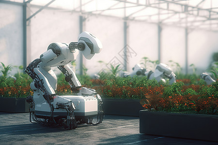 未来科技机器人现代种植基地采摘蔬菜机械种植高清图片素材