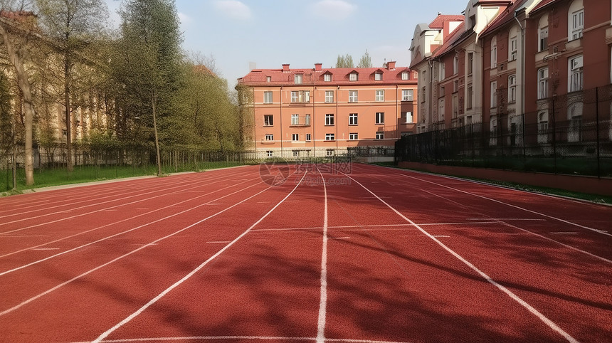 学校红色橡胶跑道草坪图片