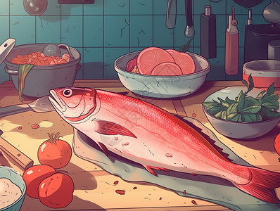 厨房里案板上的鱼肉插画