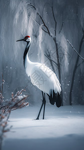 丹顶鹤站在雪地里背景图片