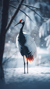林间丹顶鹤站在雪地里背景图片