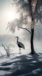 远景孤独的丹顶鹤站在雪地里背景图片