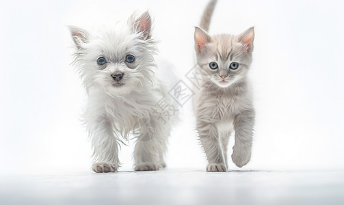 白色的毛猫和小狗在奔跑图片