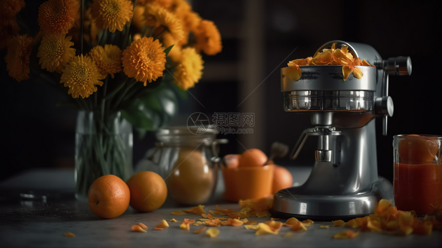 桌面上的橙汁机和插花图片