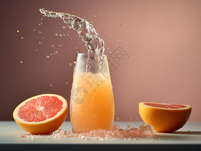 水广告橙柚子气泡汁倒入玻璃杯插画