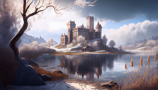 油画冬天城堡背景图片