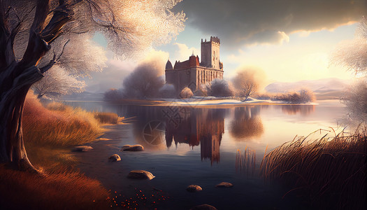 油画冬天城堡背景图片