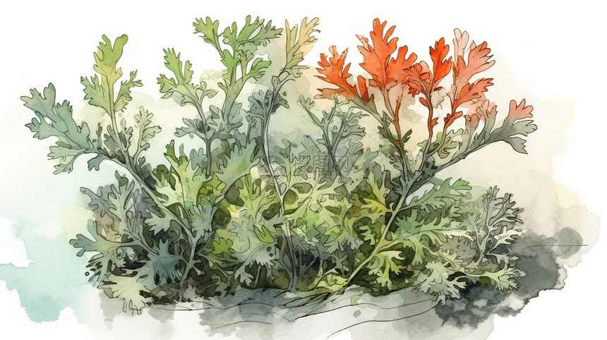 手绘水彩植物药材艾草图片