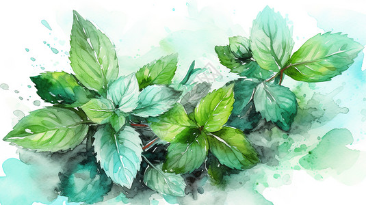 薄荷植物手绘水彩植物薄荷插画